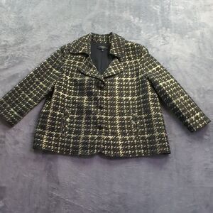 Talbots Petite Sz 12 Wool Blend Blazer Black with Gold Shiny Metallic Lined‎